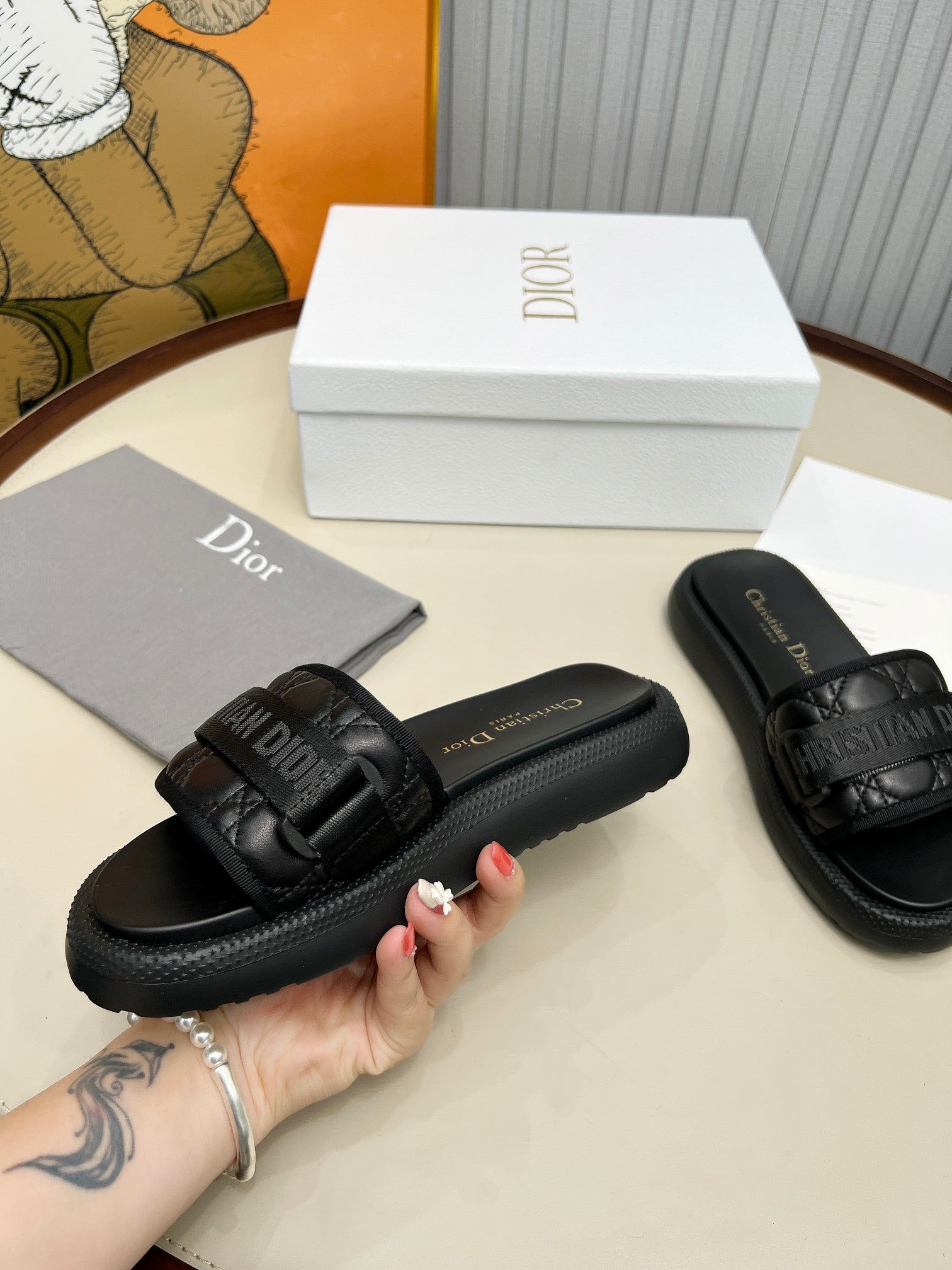 DIOR PLATFORM SLIDES 25S 50MM IN BLACK CALFSKIN AND ELECTRIC FABRIC