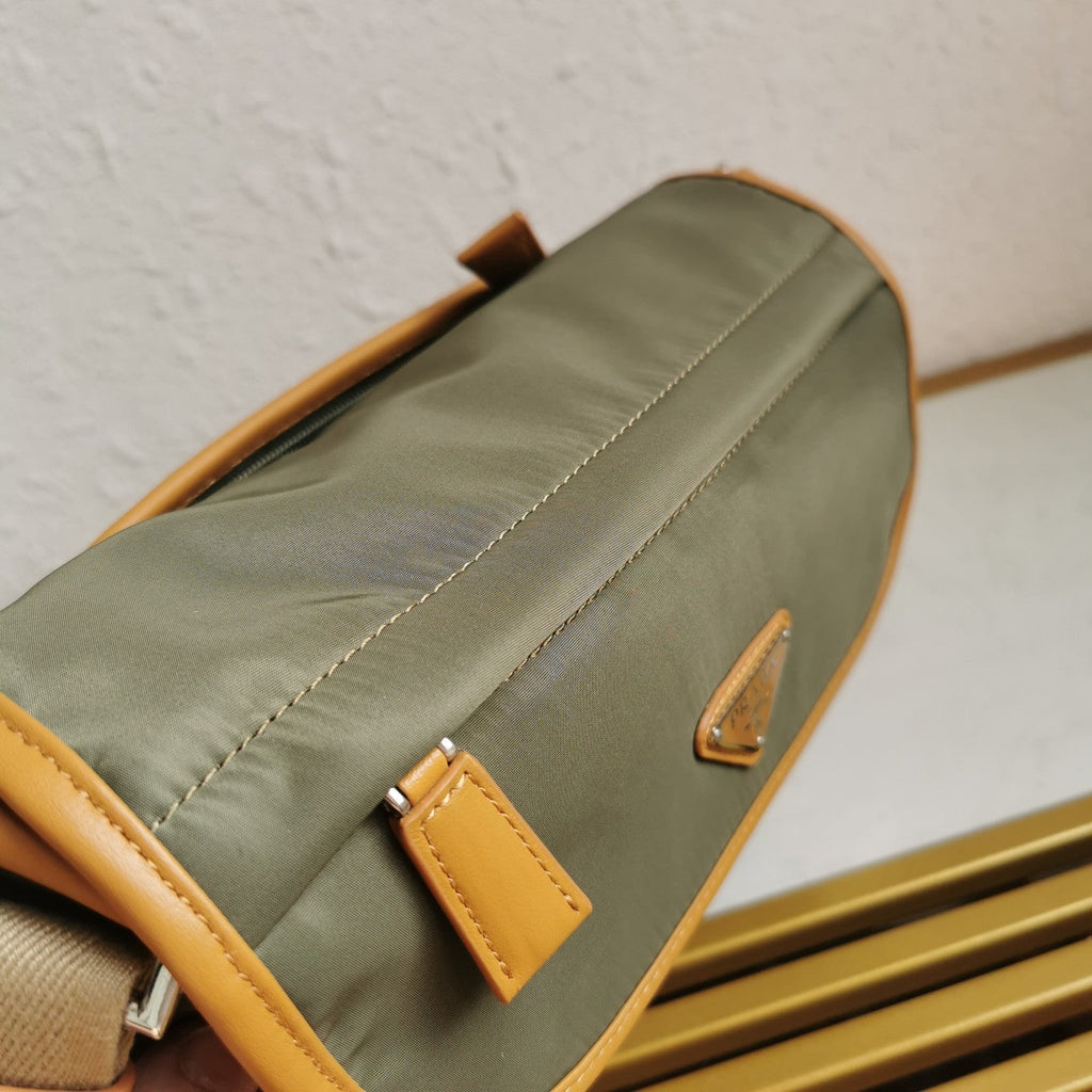 PRADA MESSENGER BAG 20 IN KHAKI GREEN RE-NYLON AND BROWN CALFSKIN TRIM