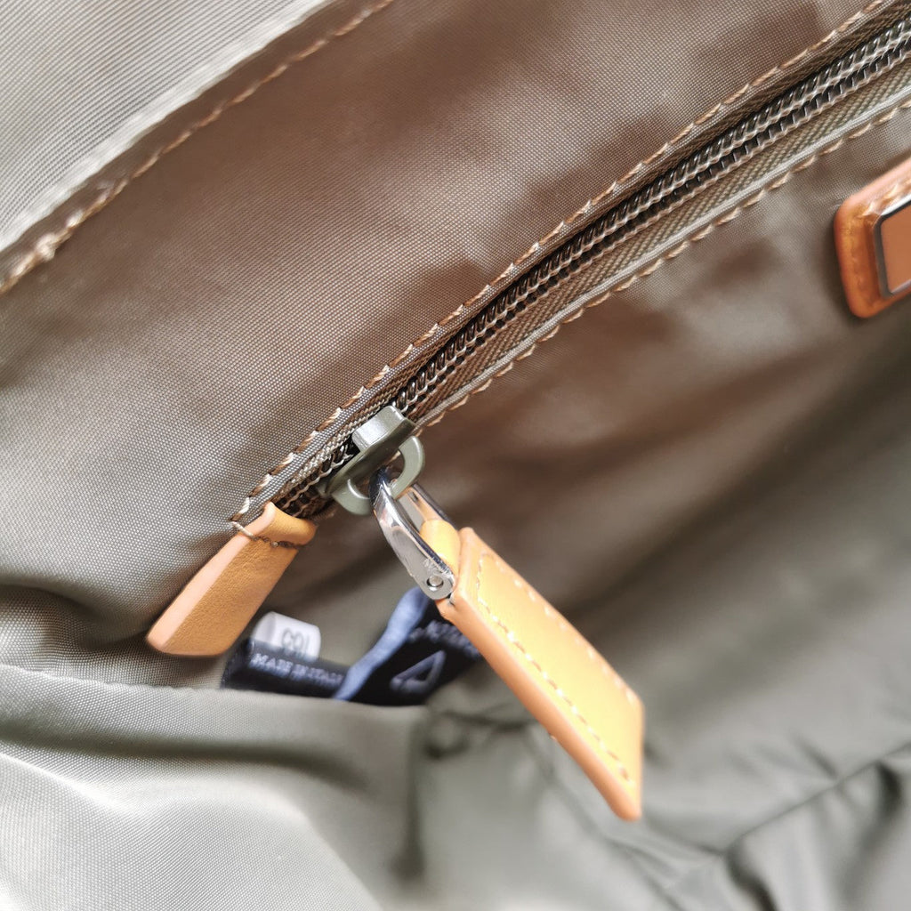 PRADA MESSENGER BAG 20 IN KHAKI GREEN RE-NYLON AND BROWN CALFSKIN TRIM
