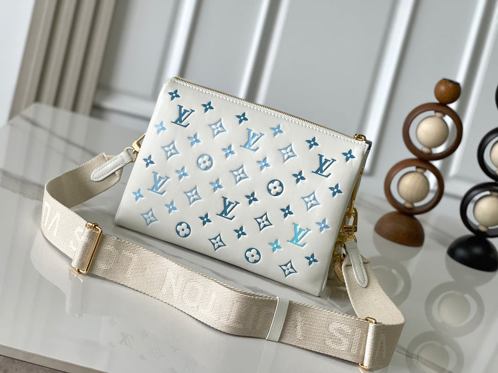 LOUIS VUITTON COUSSIN PM 26 IN WHITE BLUE MONOGRAM EMBOSSED LAMBSKIN GOLD HARDWARE