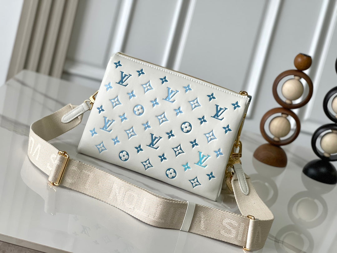 LOUIS VUITTON COUSSIN PM 26 IN WHITE BLUE MONOGRAM EMBOSSED LAMBSKIN GOLD HARDWARE