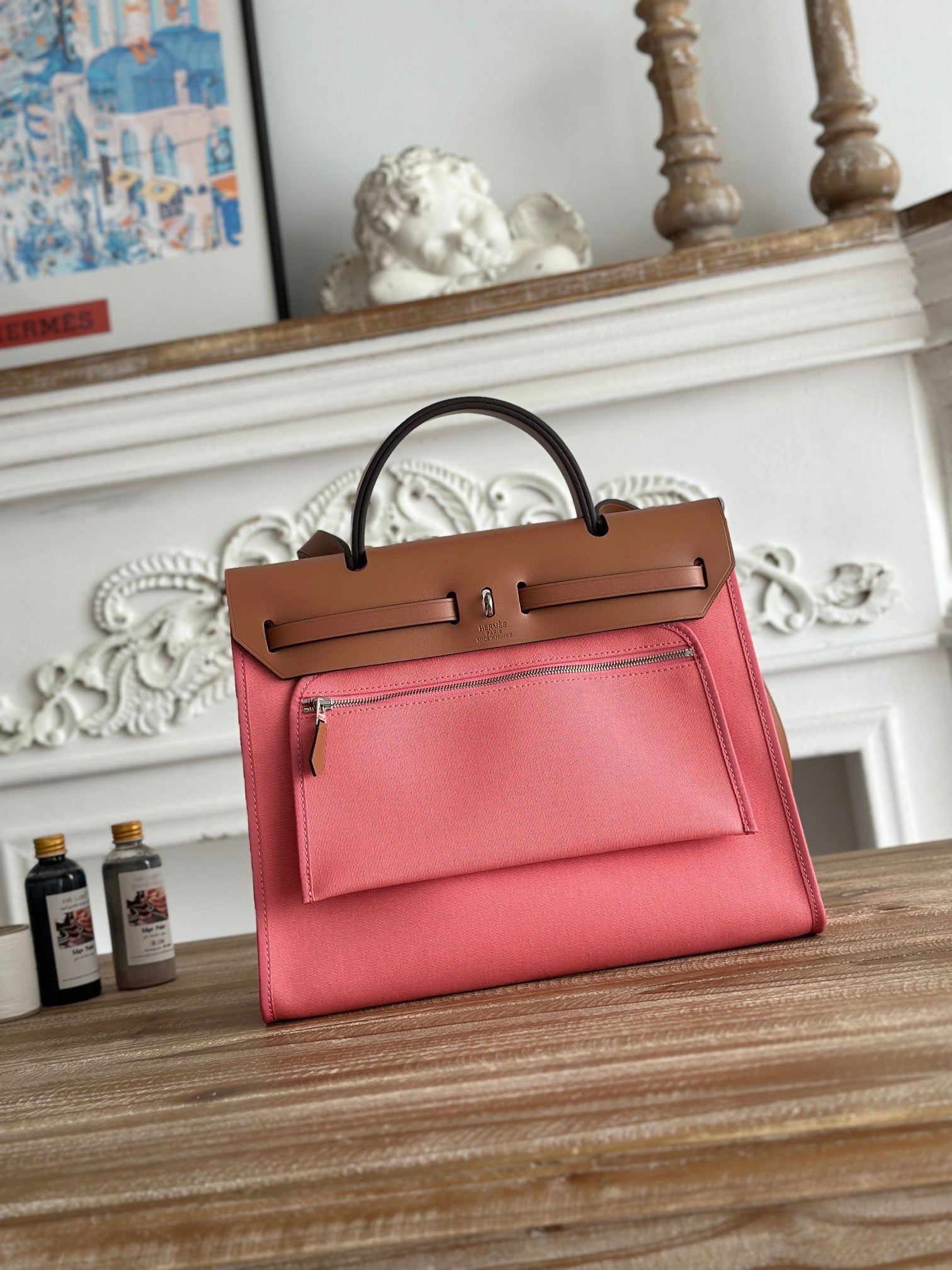 HERMES ZIP CABINE 31 BAG IN PUNCH PINK CANVAS AND BRONZE BROWN CALFSKIN