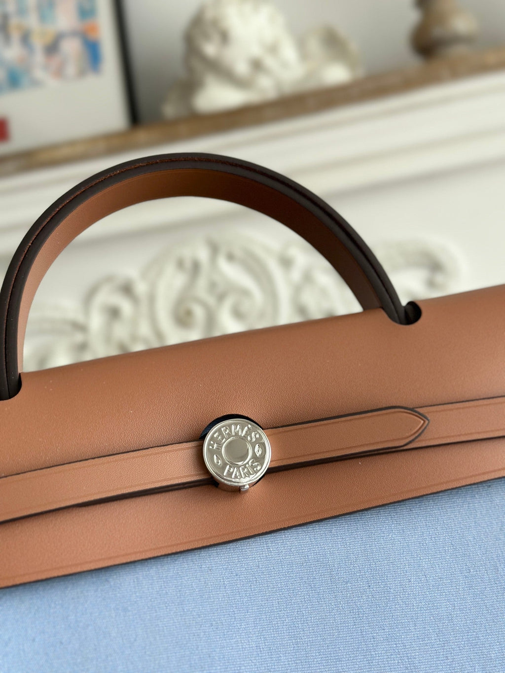 HERMES ZIP CABINE 31 BAG IN LIGHT BLUE CANVAS AND BRONZE BROWN CALFSKIN
