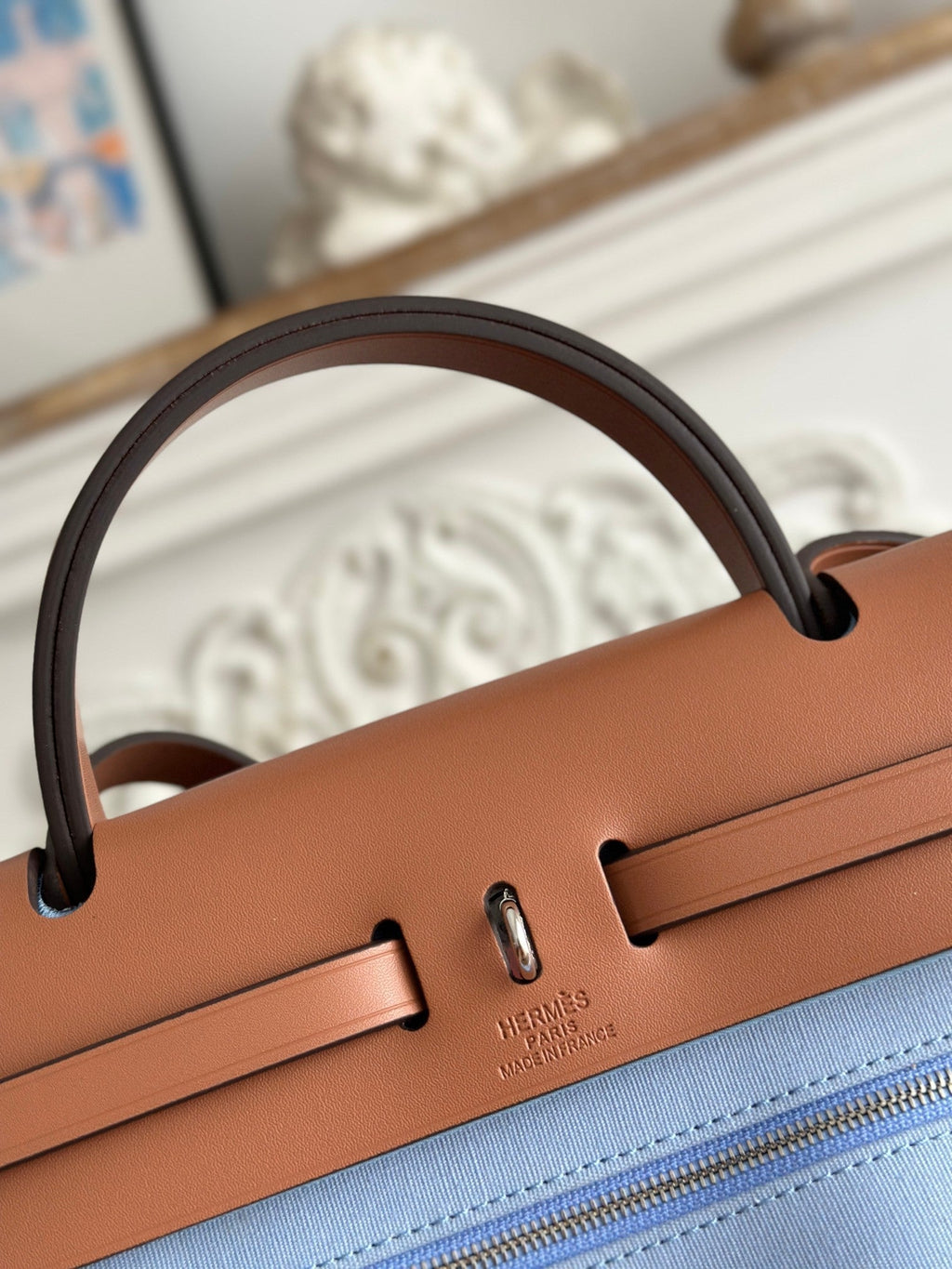 HERMES ZIP CABINE 31 BAG IN LIGHT BLUE CANVAS AND BRONZE BROWN CALFSKIN