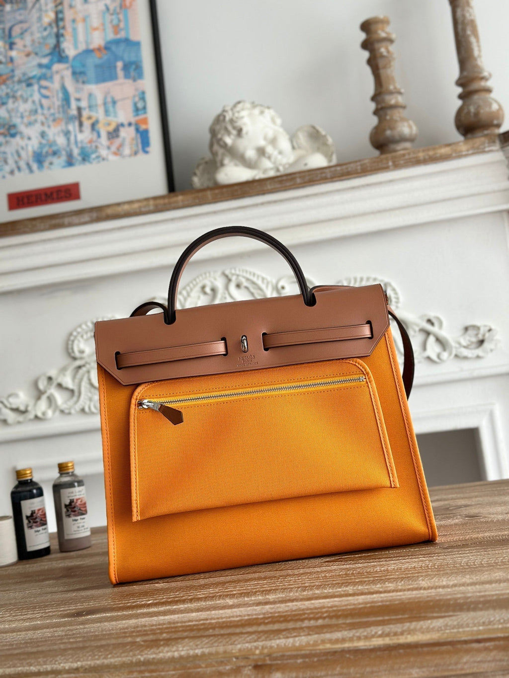 HERMES ZIP CABINE 31 BAG IN APRICOT ORANGE CANVAS AND BRONZE BROWN CALFSKIN