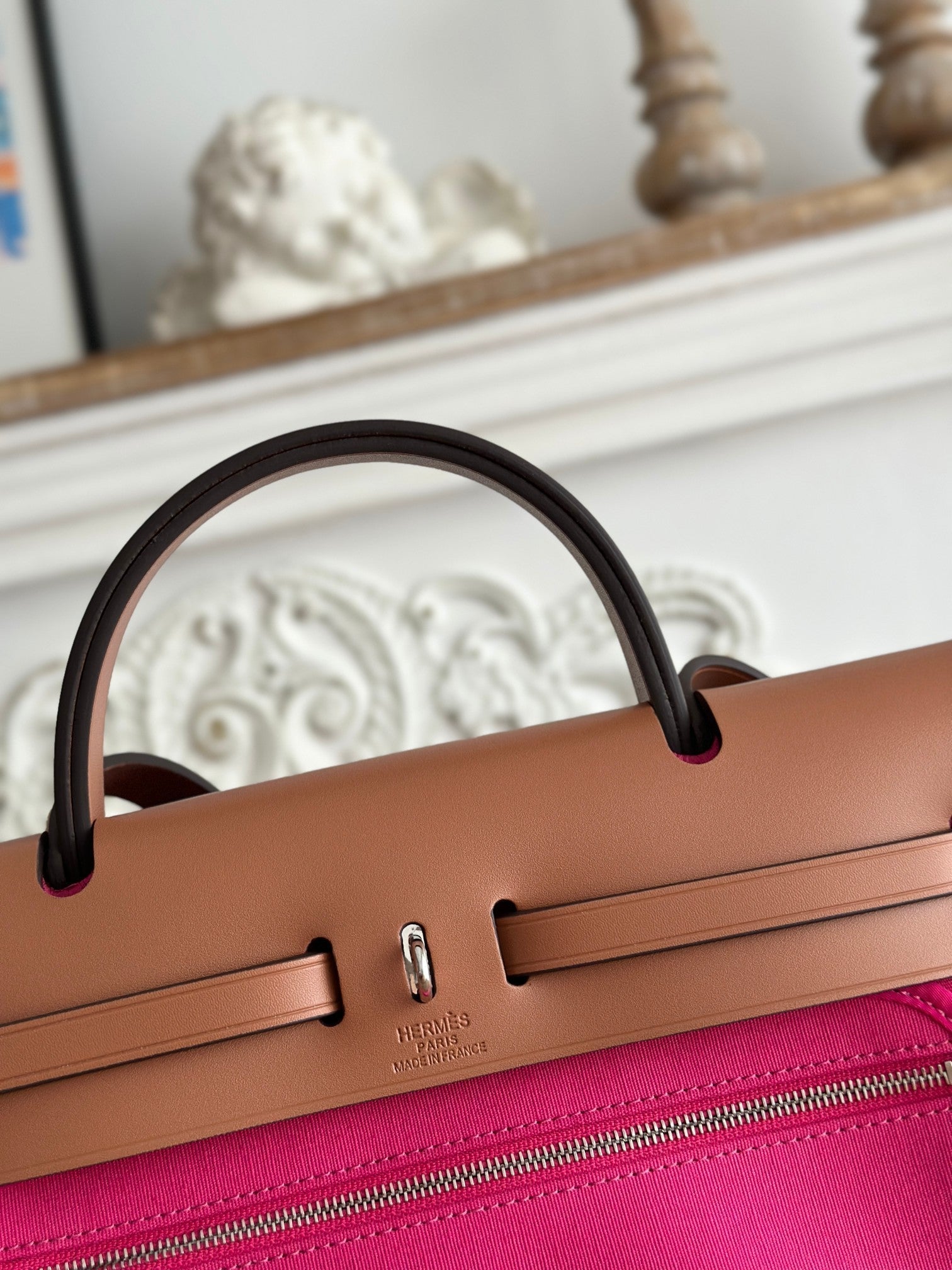 HERMES ZIP CABINE 31 BAG IN FUCHSIA PINK CANVAS AND BRONZE BROWN CALFSKIN