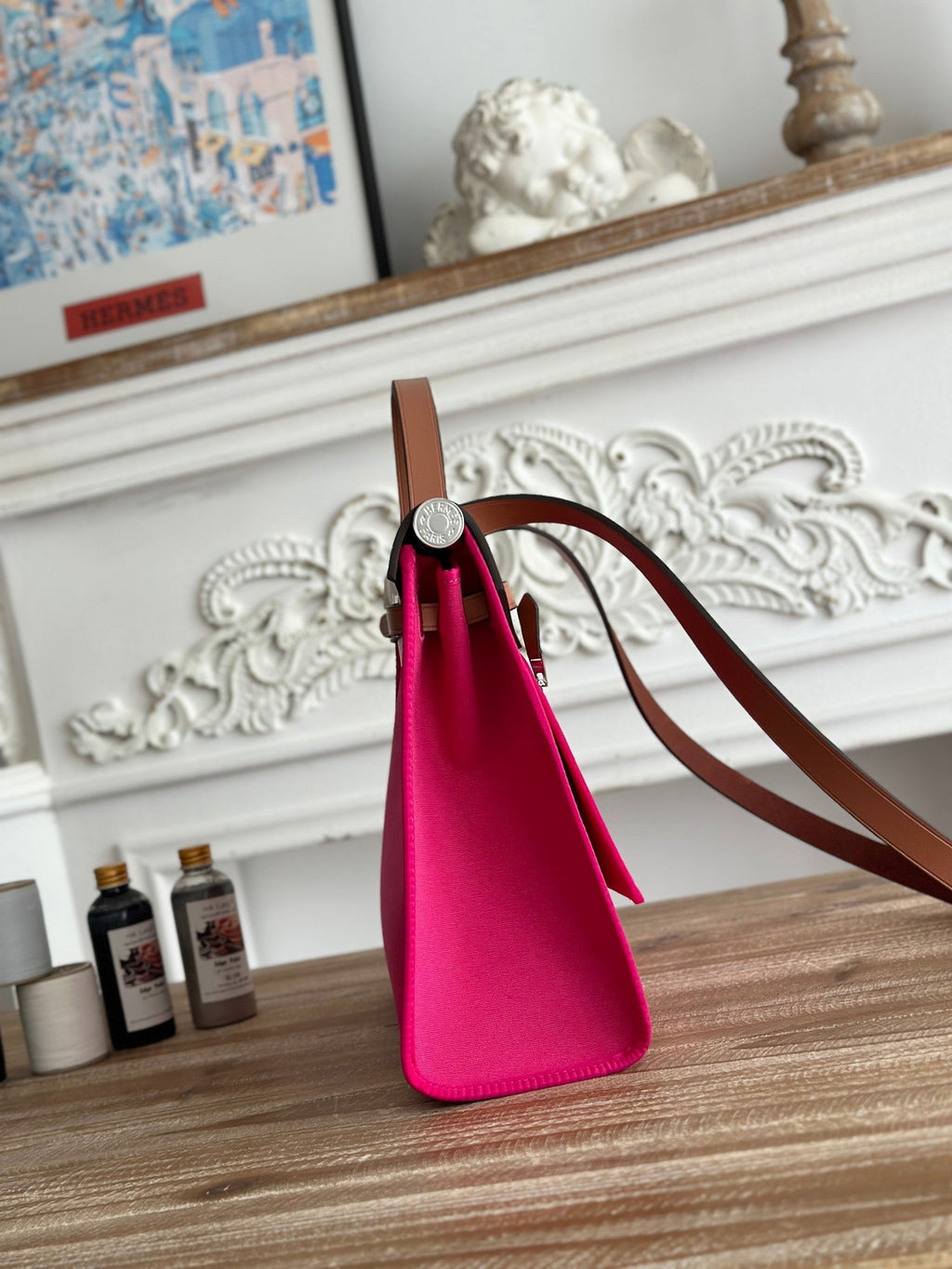 HERMES ZIP CABINE 31 BAG IN FUCHSIA PINK CANVAS AND BRONZE BROWN CALFSKIN