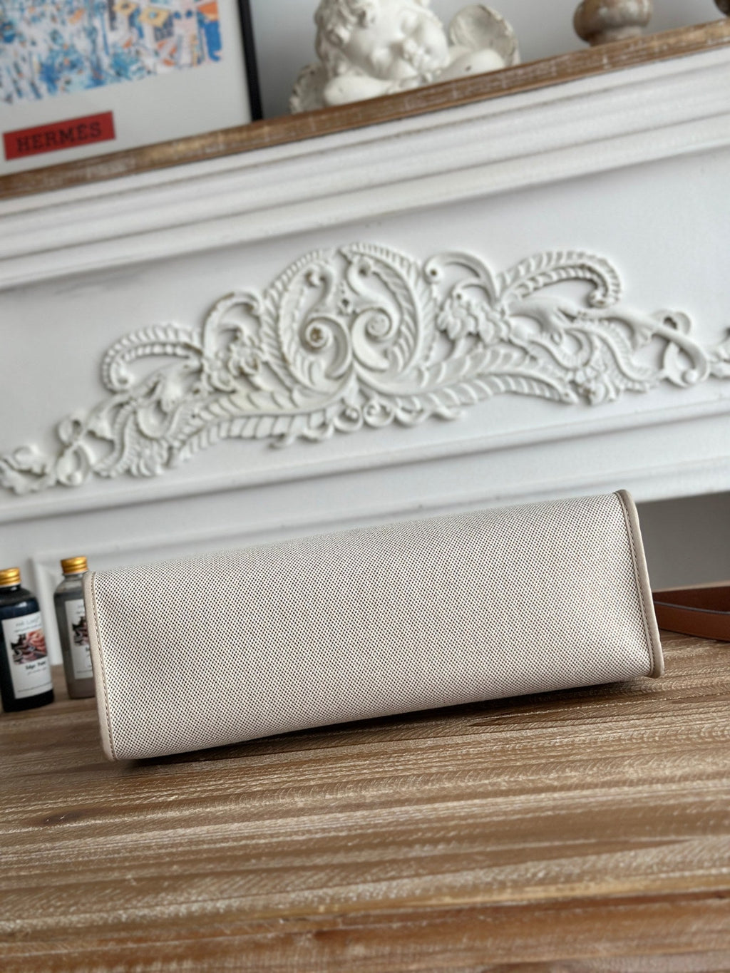 HERMES ZIP CABINE 31 BAG IN PALE GRAY CANVAS AND BRONZE BROWN CALFSKIN