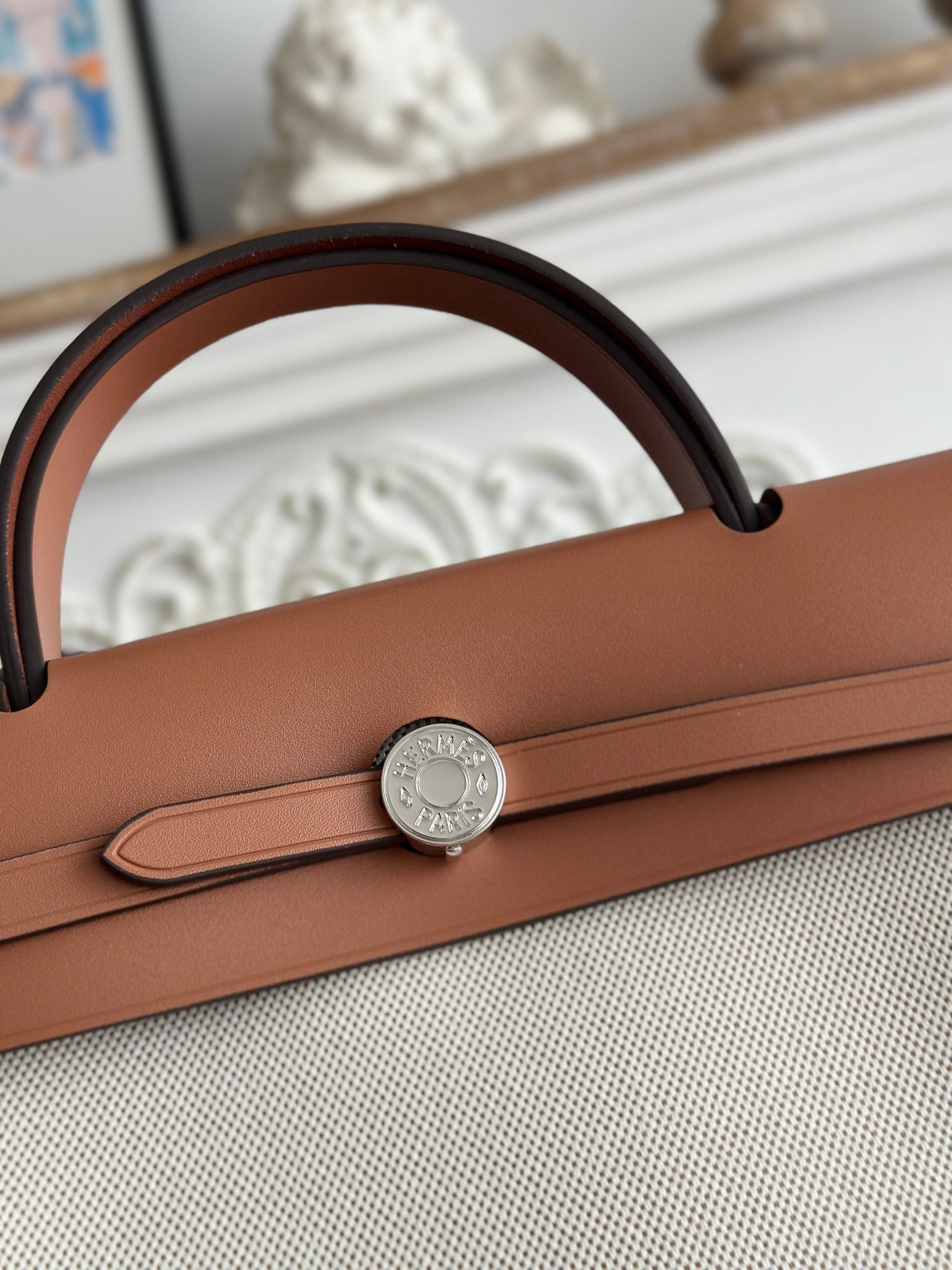 HERMES ZIP CABINE 31 BAG IN PALE GRAY CANVAS AND BRONZE BROWN CALFSKIN