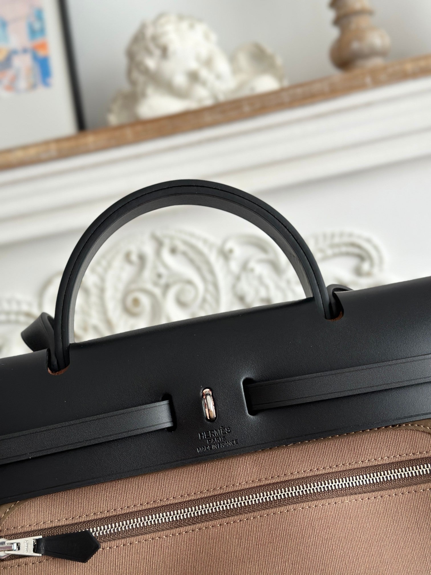 HERMES ZIP CABINE 31 BAG IN CHOCOLATE BROWN CANVAS AND BLACK CALFSKIN