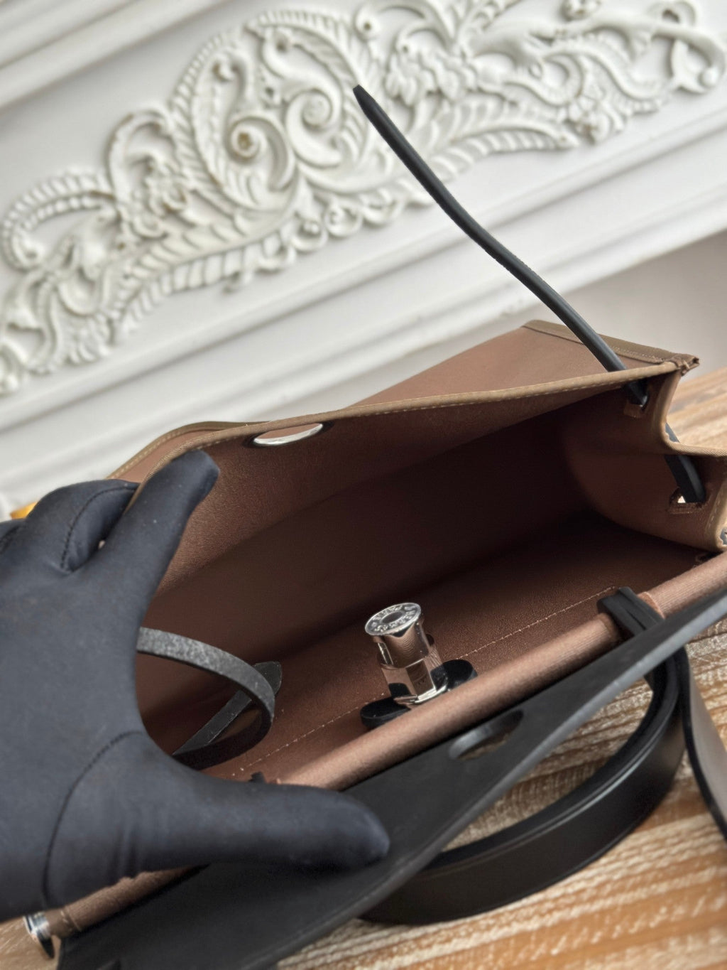 HERMES ZIP CABINE 31 BAG IN CHOCOLATE BROWN CANVAS AND BLACK CALFSKIN