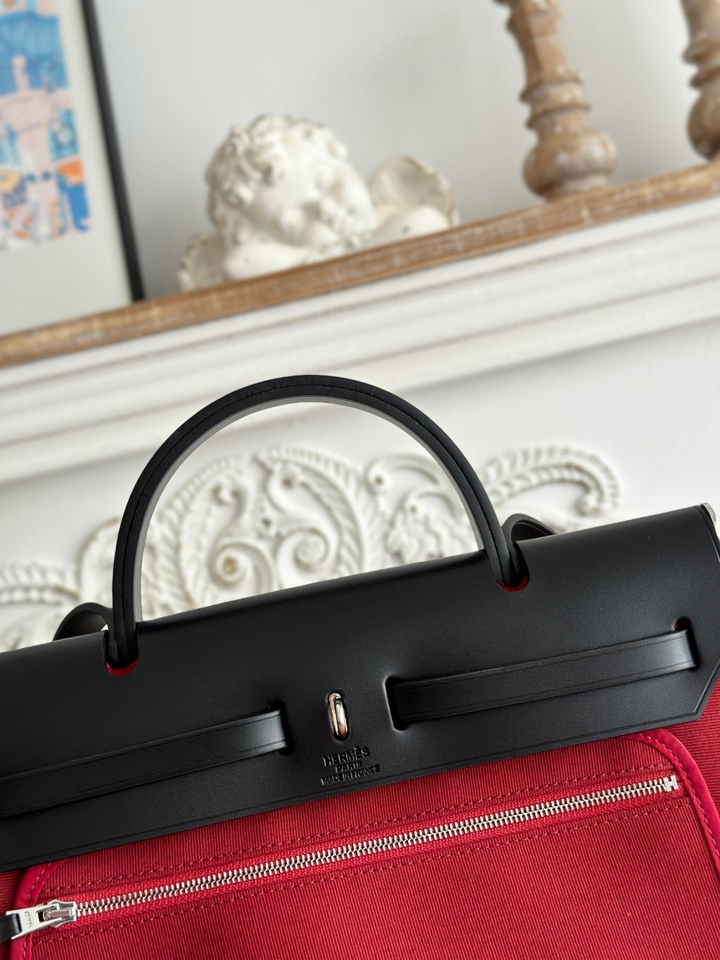 HERMES ZIP CABINE 31 BAG IN RUBY RED CANVAS AND BLACK CALFSKIN