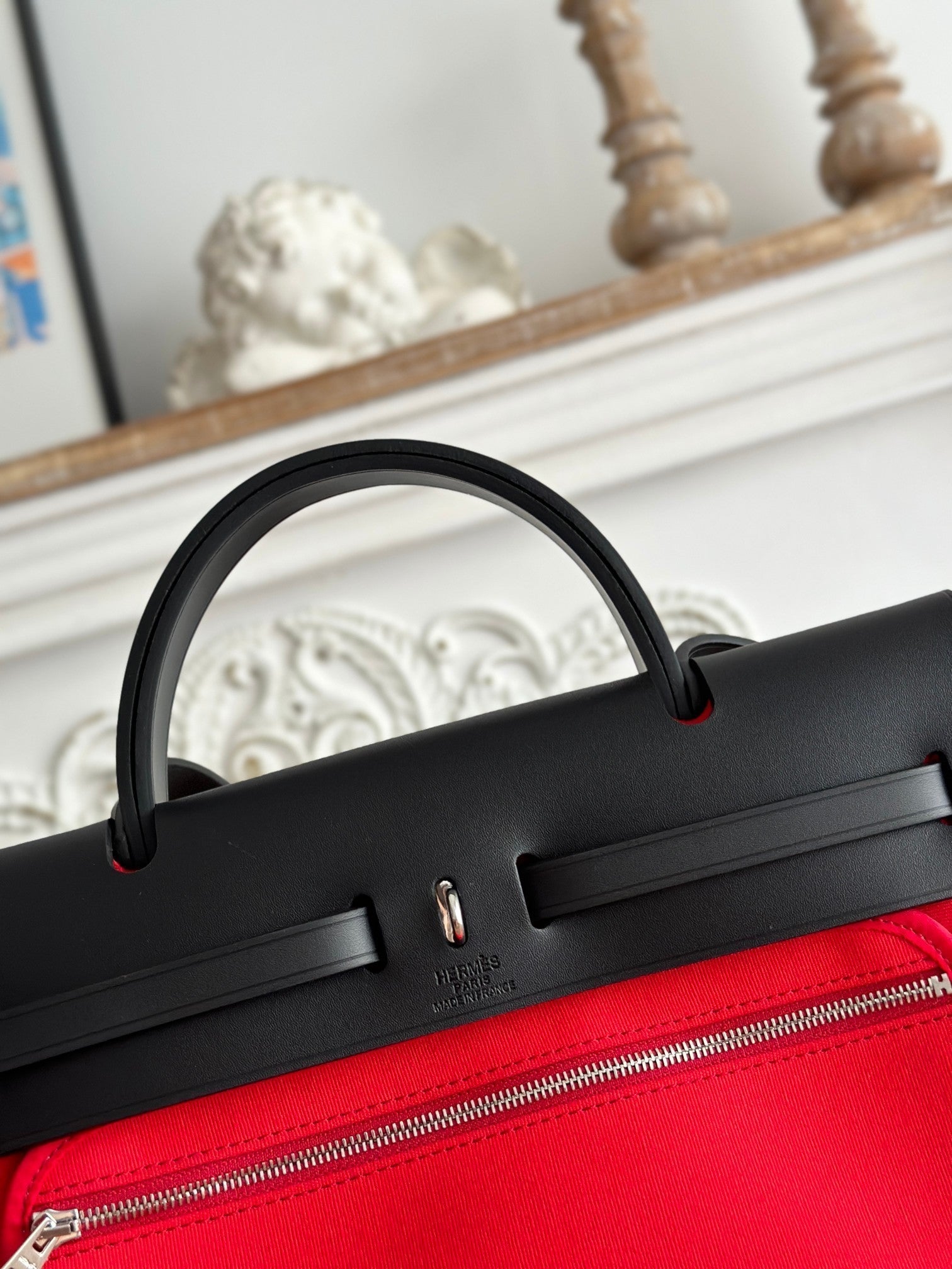 HERMES ZIP CABINE 31 BAG IN CLASSIC RED CANVAS AND BLACK CALFSKIN