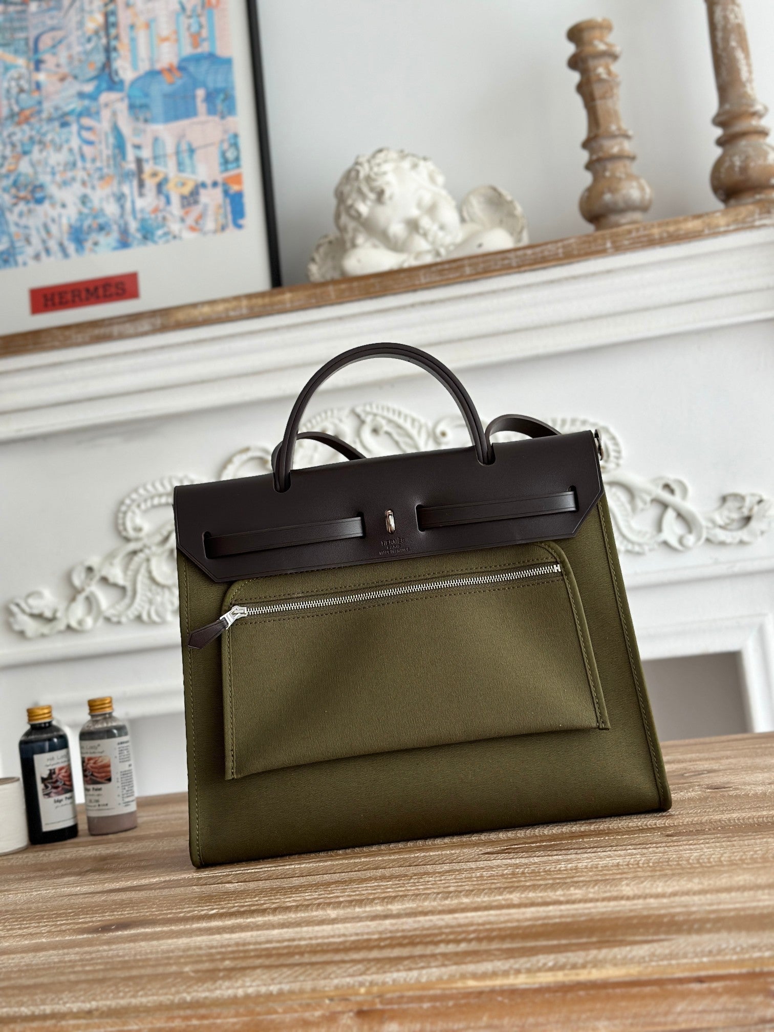 HERMES ZIP CABINE 31 BAG IN OLIVE GREEN CANVAS AND BLACK CALFSKIN