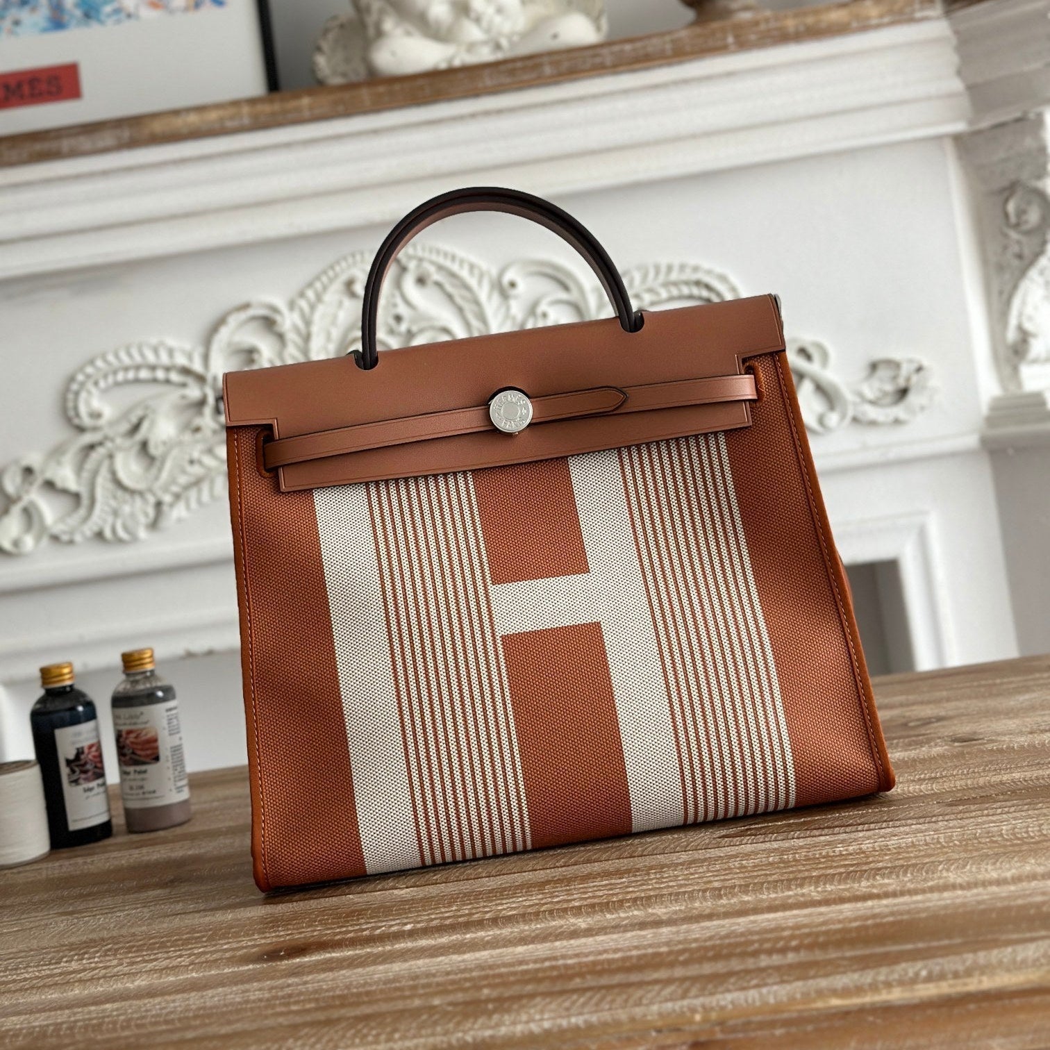 HERMES ZIP CABINE 31 BAG IN BRONZE BROWN MIX WHITE CANVAS AND CALFSKIN