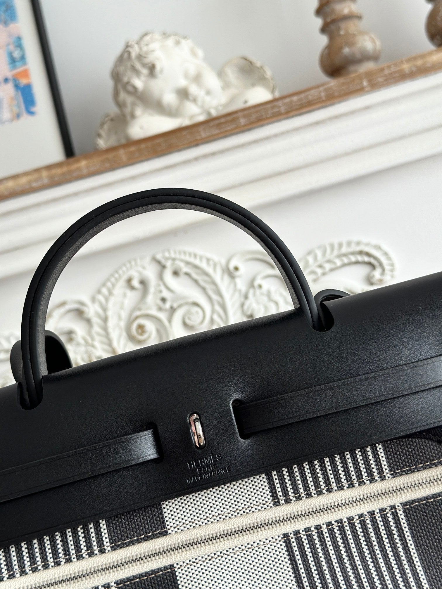 HERMES ZIP CABINE 31 BAG IN BLACK MIX WHITE CANVAS AND CALFSKIN