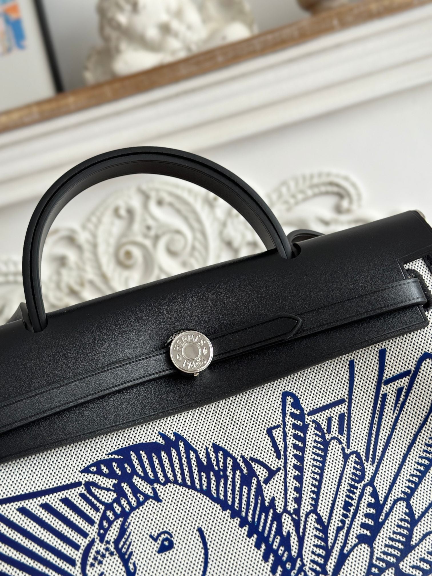 HERMES ZIP CABINE 31 BAG IN WHITE CANVAS AND BLACK CALFSKIN