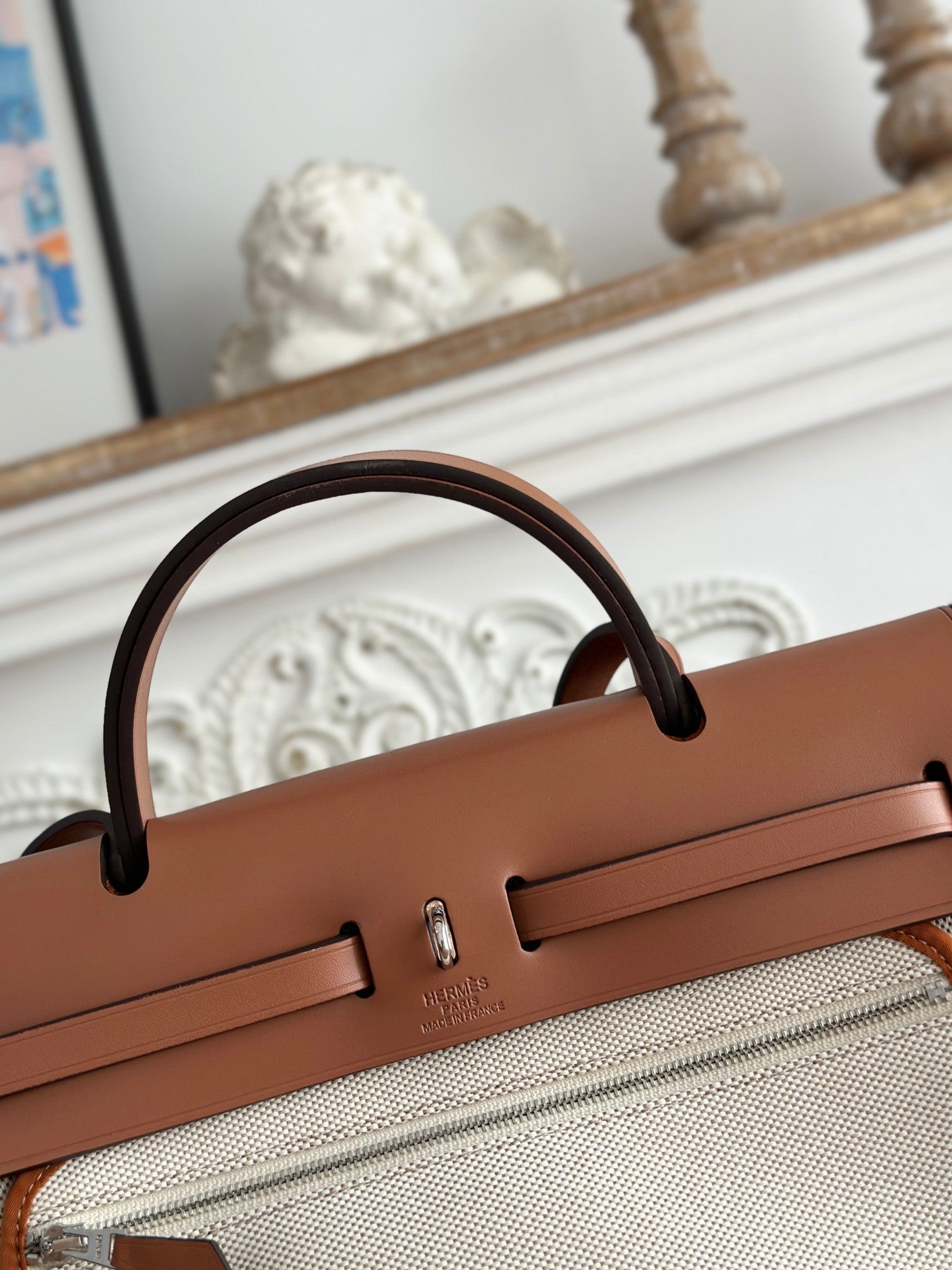 HERMES HERBAG ZIP 31 LAQUERED BAG IN OFF-WHITE MIX BROWN H PLUME CANVAS AND BROWN COWHIDE