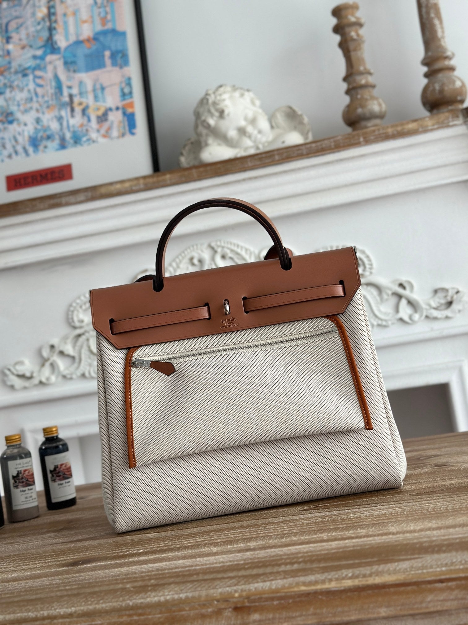 HERMES HERBAG ZIP 31 LAQUERED BAG IN OFF-WHITE MIX BROWN H PLUME CANVAS AND BROWN COWHIDE