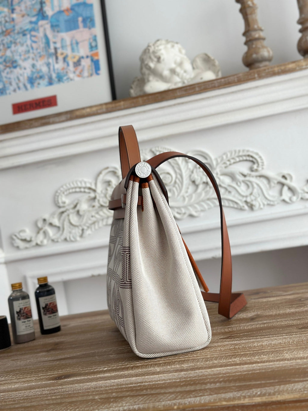HERMES HERBAG ZIP 31 LAQUERED BAG IN OFF-WHITE MIX BROWN H PLUME CANVAS AND BROWN COWHIDE