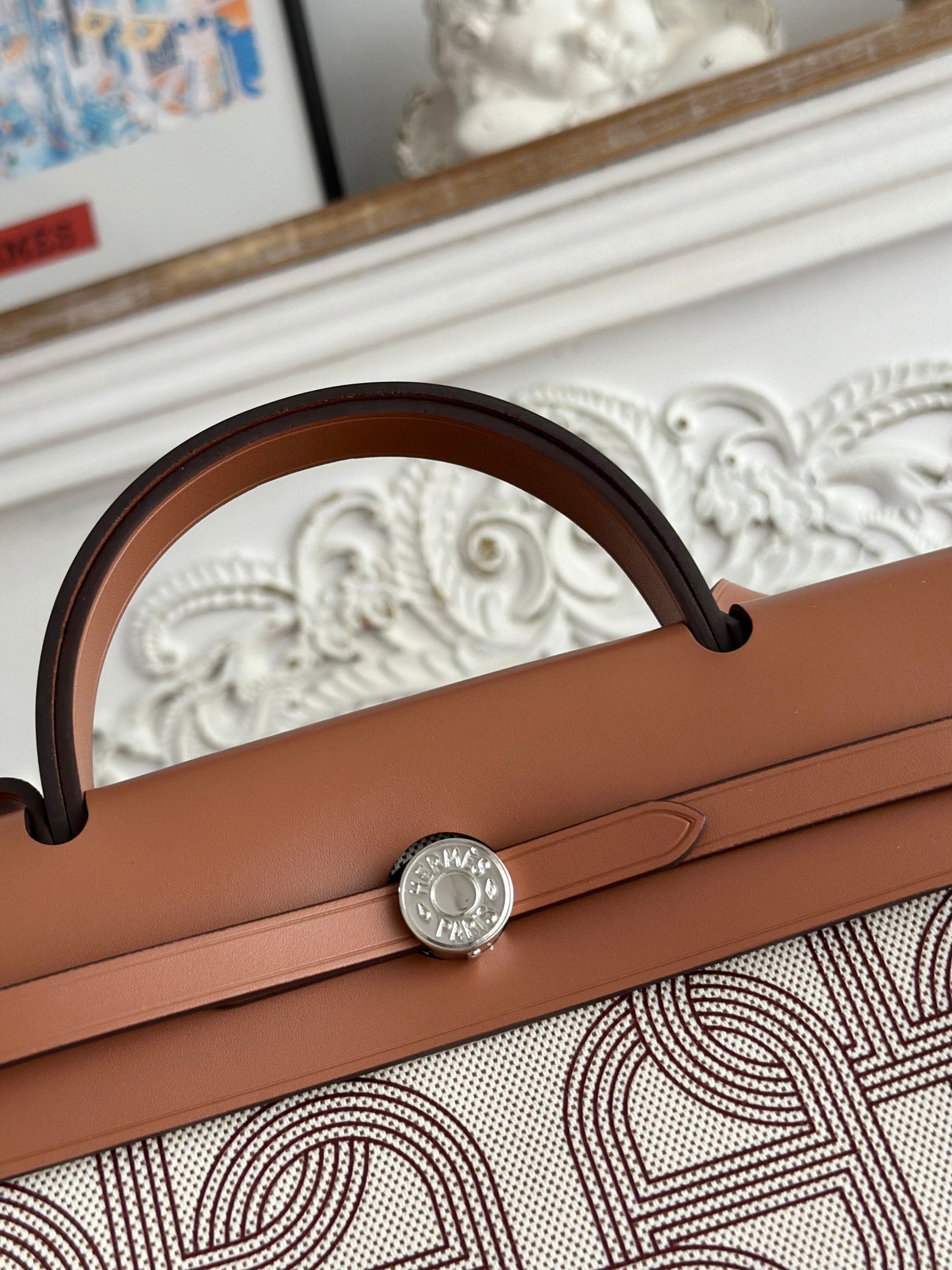 HERMES HERBAG ZIP 31 LAQUERED BAG IN OFF-WHITE MIX BROWN H PLUME CANVAS AND BROWN COWHIDE