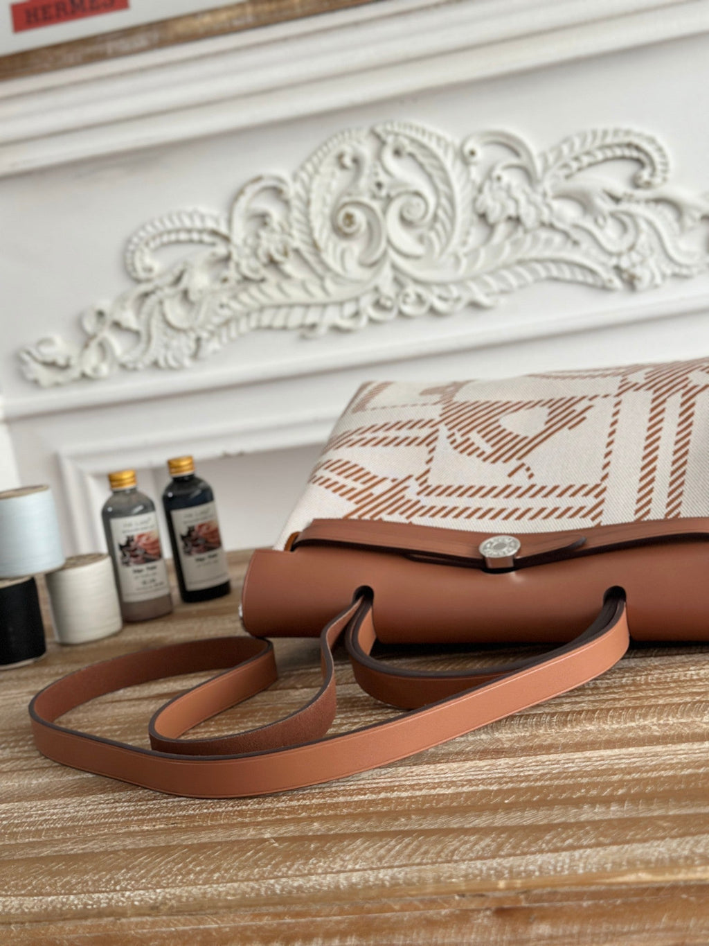 HERMES BOLSO HERBAG ZIP 31 RETOURNE BAG IN OFF-WHITE MIX BROWN H VIKING CANVAS AND COWHIDE