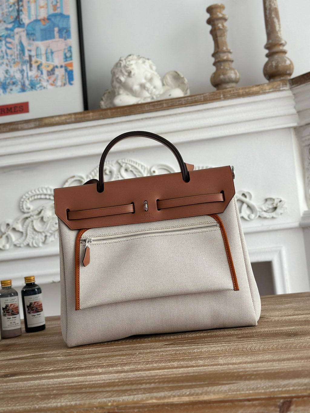 HERMES BOLSO HERBAG ZIP 31 RETOURNE BAG IN OFF-WHITE MIX BROWN H VIKING CANVAS AND COWHIDE