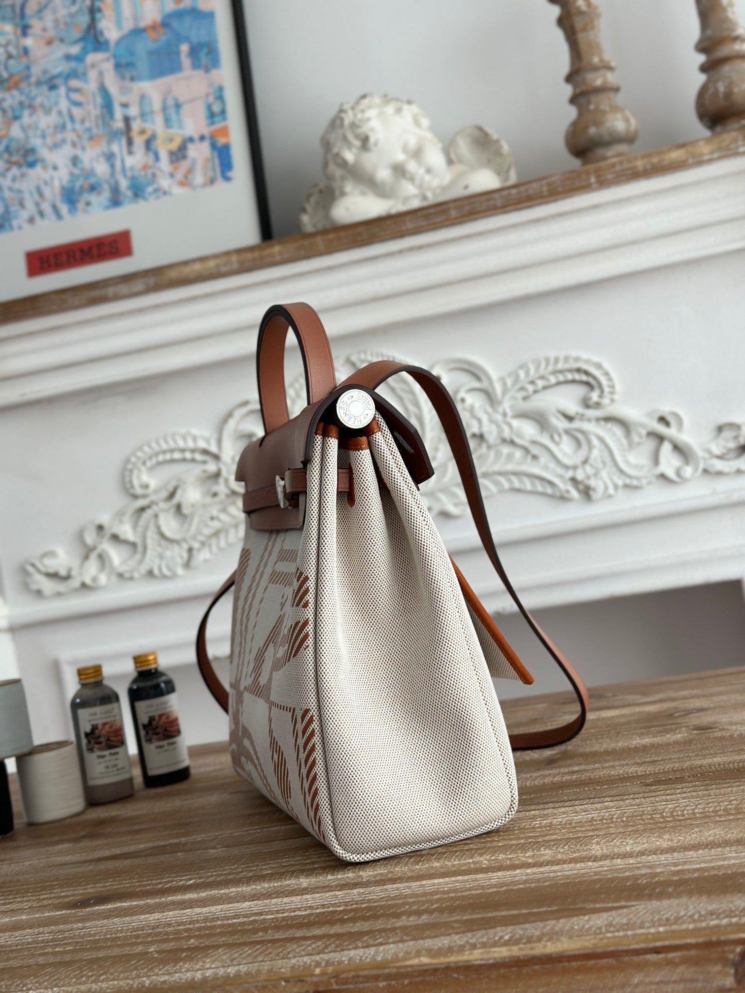 HERMES BOLSO HERBAG ZIP 31 RETOURNE BAG IN OFF-WHITE MIX BROWN H VIKING CANVAS AND COWHIDE