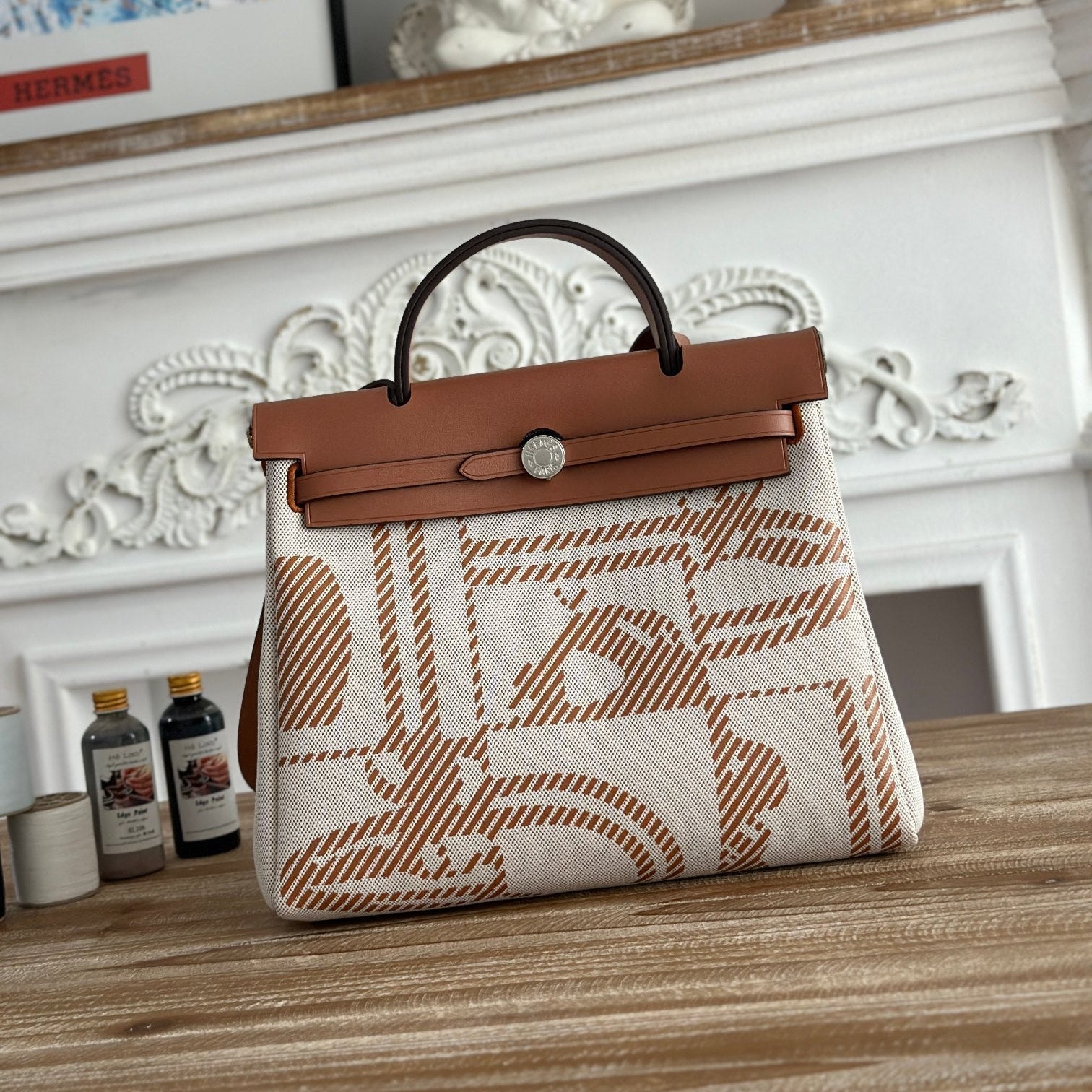 HERMES BOLSO HERBAG ZIP 31 RETOURNE BAG IN OFF-WHITE MIX BROWN H VIKING CANVAS AND COWHIDE