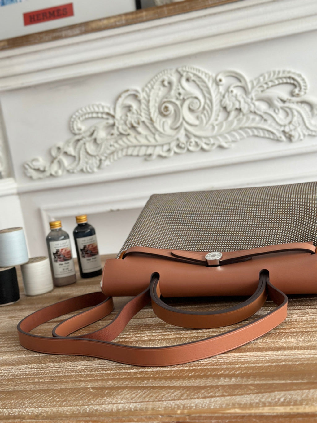 HERMES HERBAG MESSENGER 31 BAG IN DARK BROWN H VIKING CANVAS AND COWHIDE