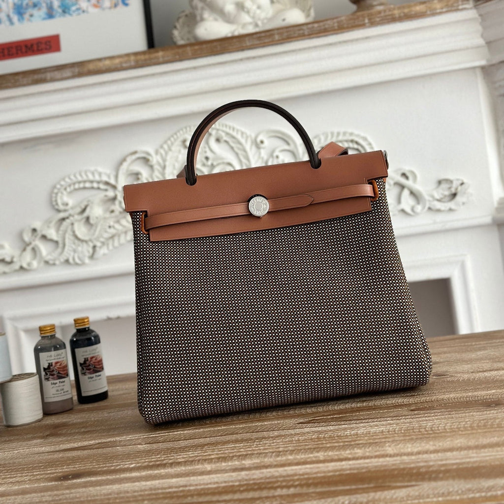 HERMES HERBAG MESSENGER 31 BAG IN DARK BROWN H VIKING CANVAS AND COWHIDE