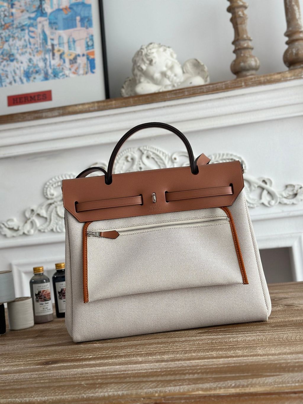HERMES HERBAG ZIP 31 RETOURNE PEGASE POP BAG IN OFF-WHITE MIX RED CANVAS AND HUNTER COWHIDE
