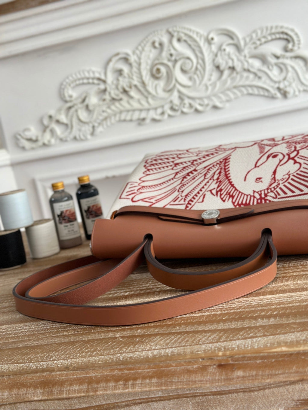 HERMES HERBAG ZIP 31 RETOURNE PEGASE POP BAG IN OFF-WHITE MIX RED CANVAS AND HUNTER COWHIDE