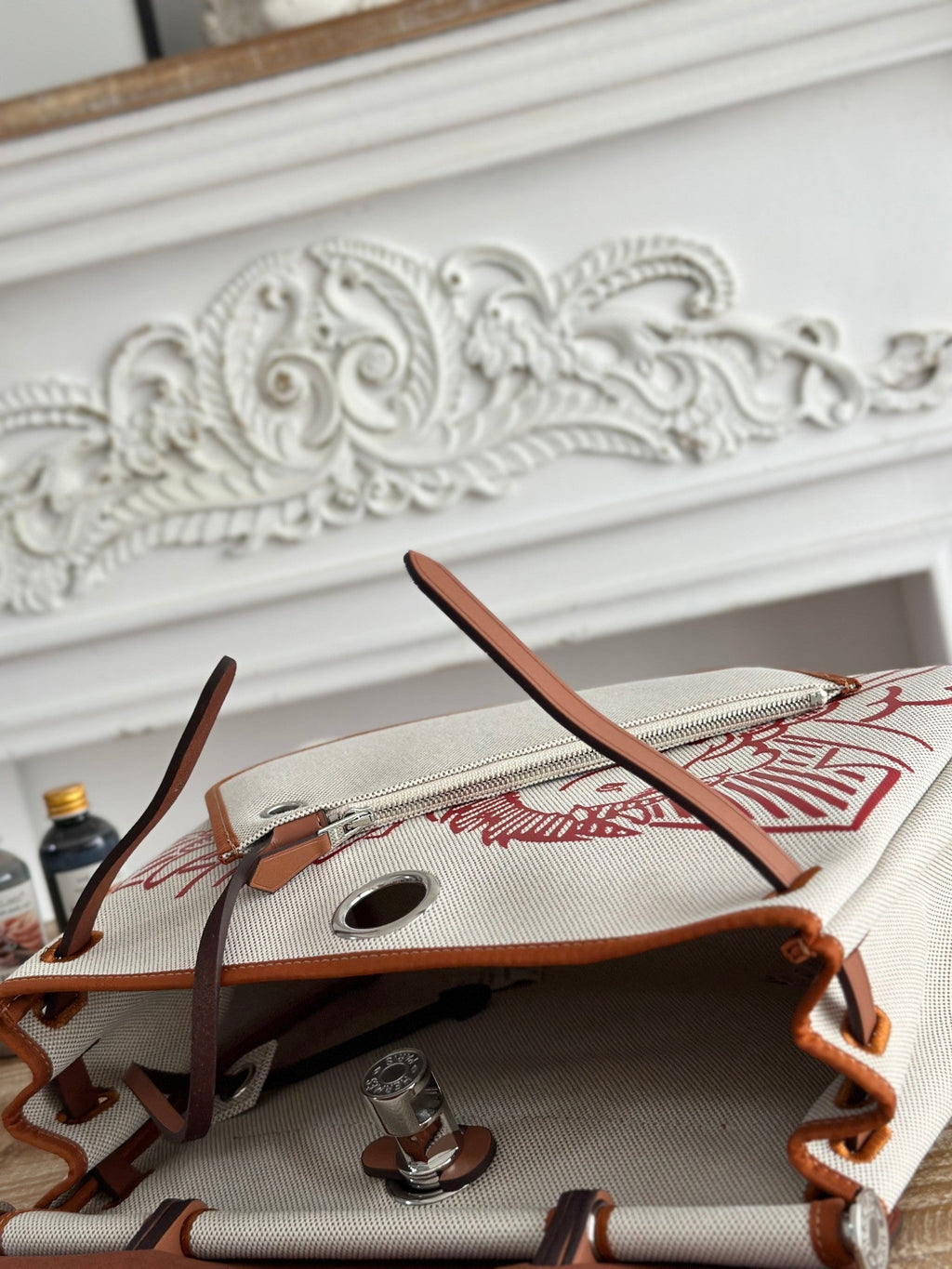 HERMES HERBAG ZIP 31 RETOURNE PEGASE POP BAG IN OFF-WHITE MIX RED CANVAS AND HUNTER COWHIDE