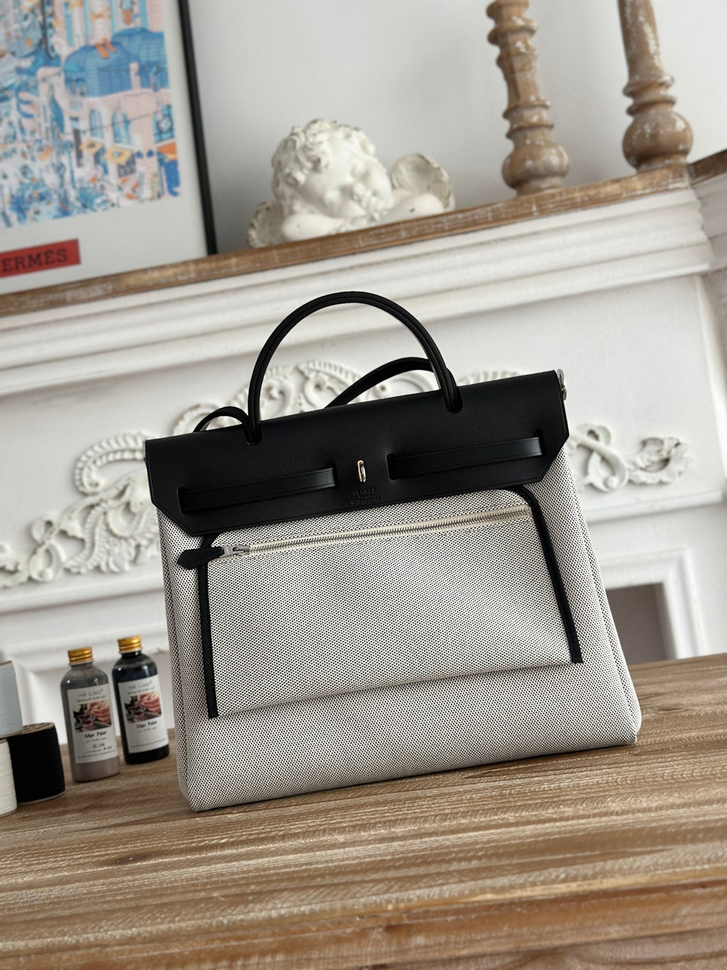 HERMES HERBAG ZIP 31 LAQUERED BAG IN OFF-WHITE MIX BLACK H PLUME CANVAS
