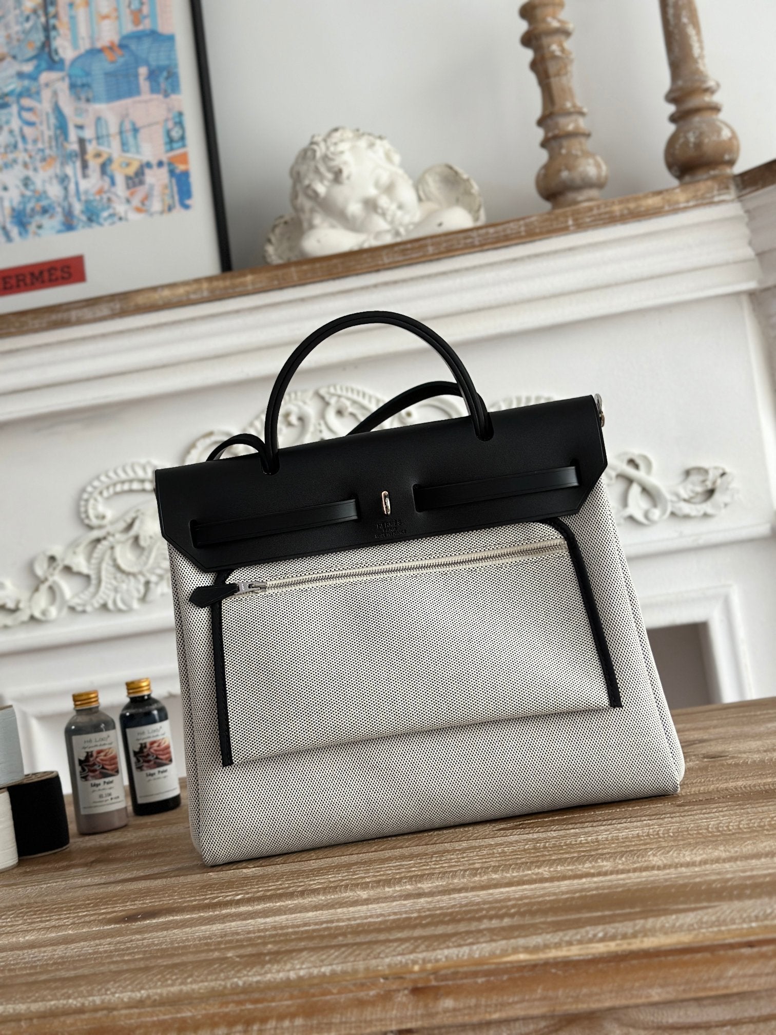 HERMES HERBAG ZIP 31 LAQUERED BAG IN OFF-WHITE MIX BLACK H PLUME CANVAS