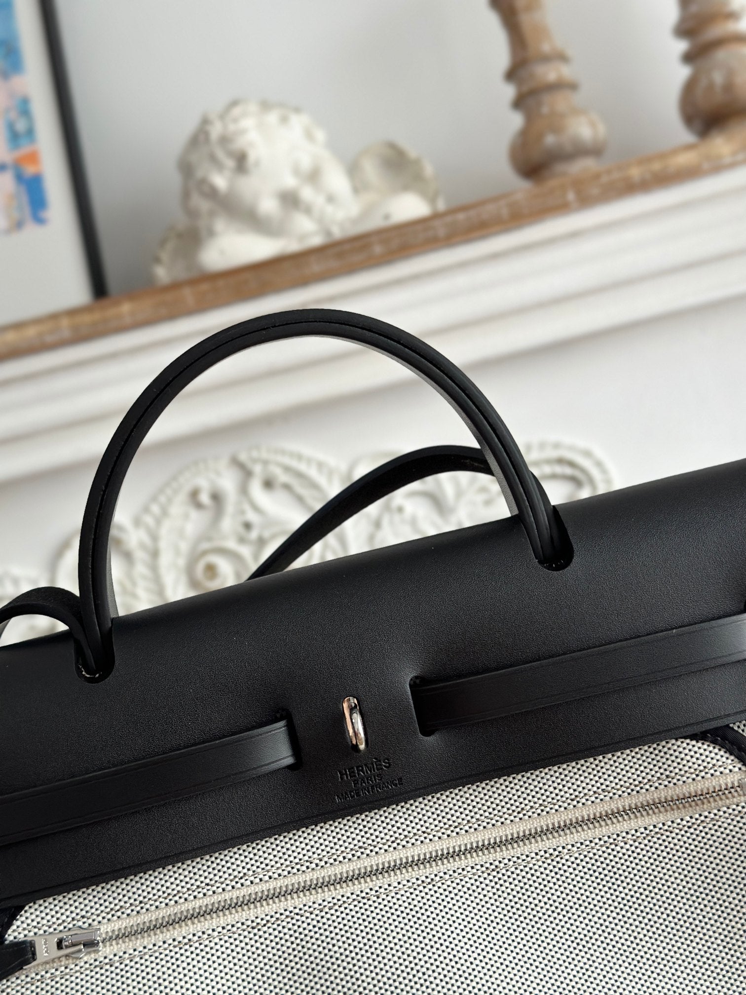 HERMES HERBAG ZIP 31 LAQUERED BAG IN OFF-WHITE MIX BLACK H PLUME CANVAS