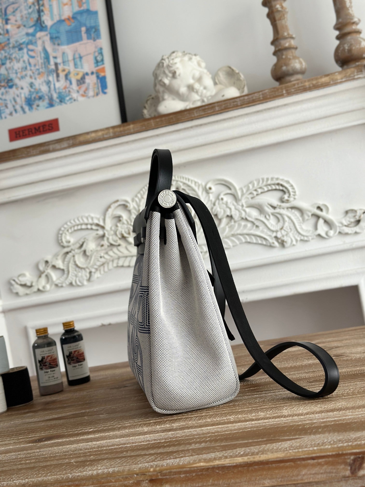 HERMES HERBAG ZIP 31 LAQUERED BAG IN OFF-WHITE MIX BLUE H PLUME CANVAS