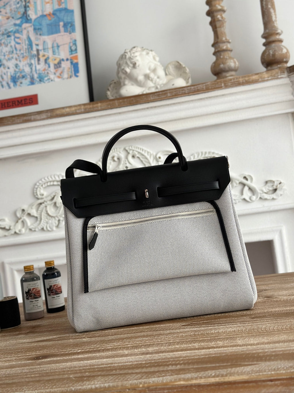 HERMES HERBAG ZIP 31 LAQUERED BAG IN OFF-WHITE MIX BLUE H PLUME CANVAS