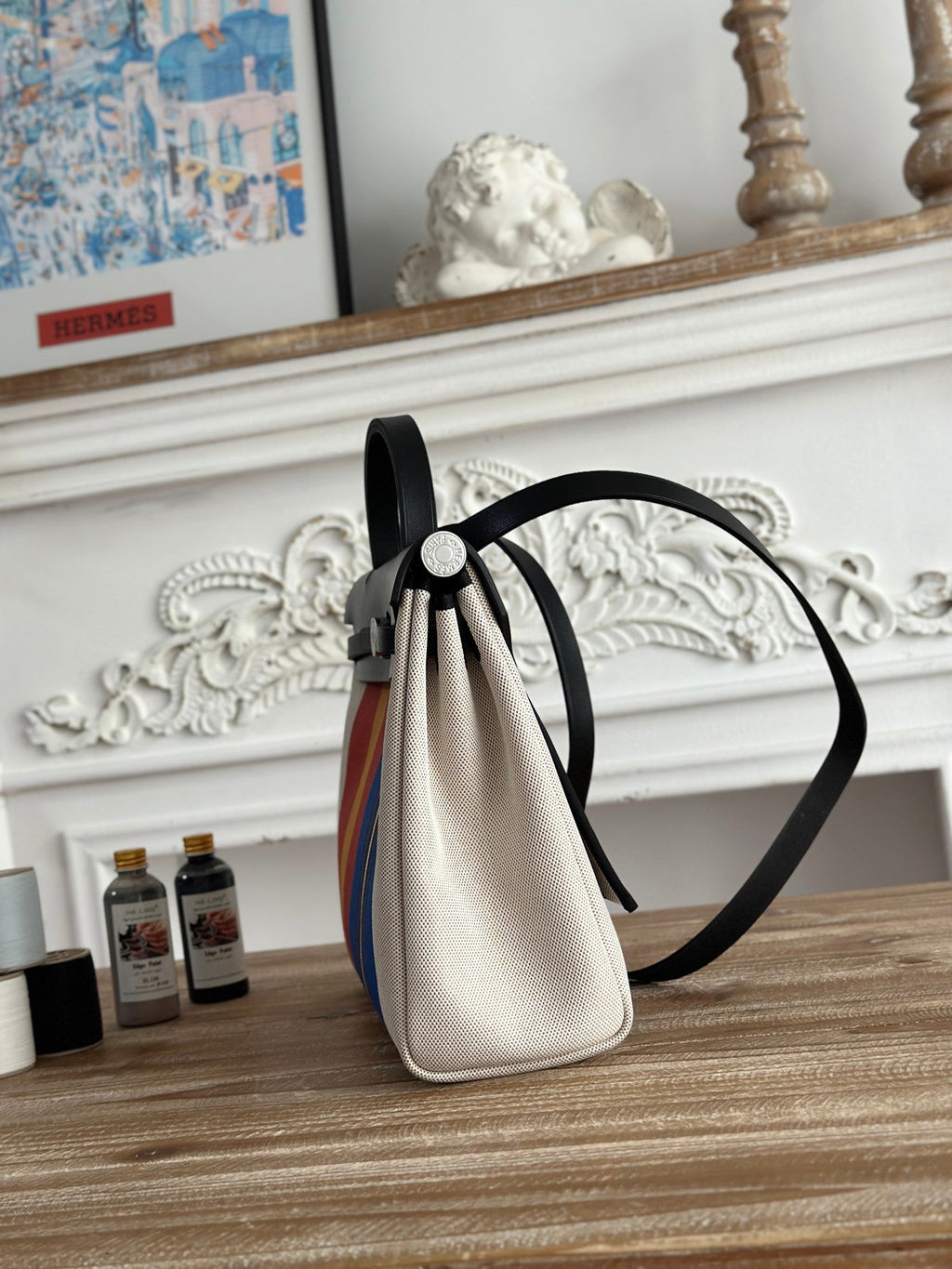 HERMES HERBAG ZIP 31 LAQUERED BAG IN BLUE MIX RED H PLUME CANVAS