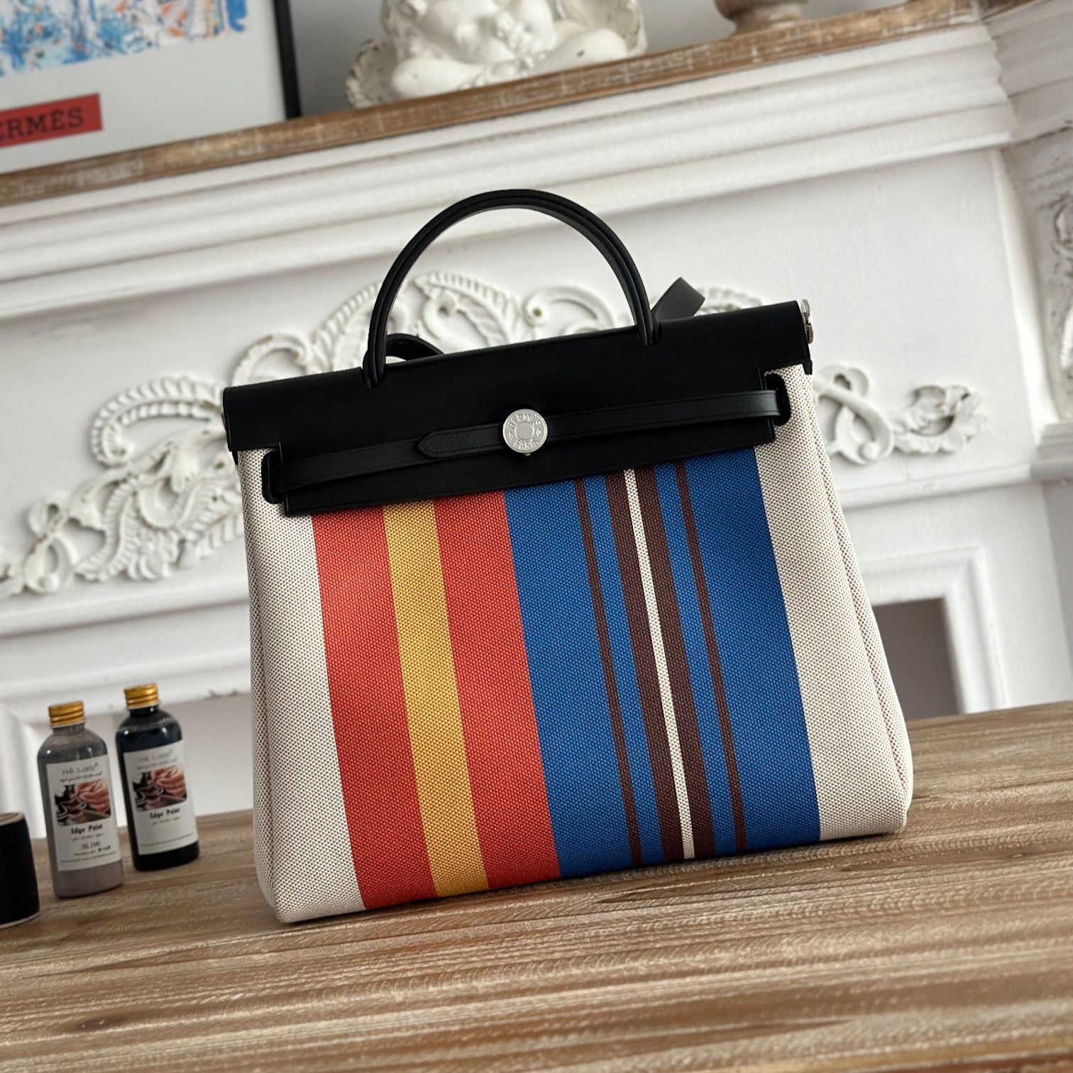 HERMES HERBAG ZIP 31 LAQUERED BAG IN BLUE MIX RED H PLUME CANVAS