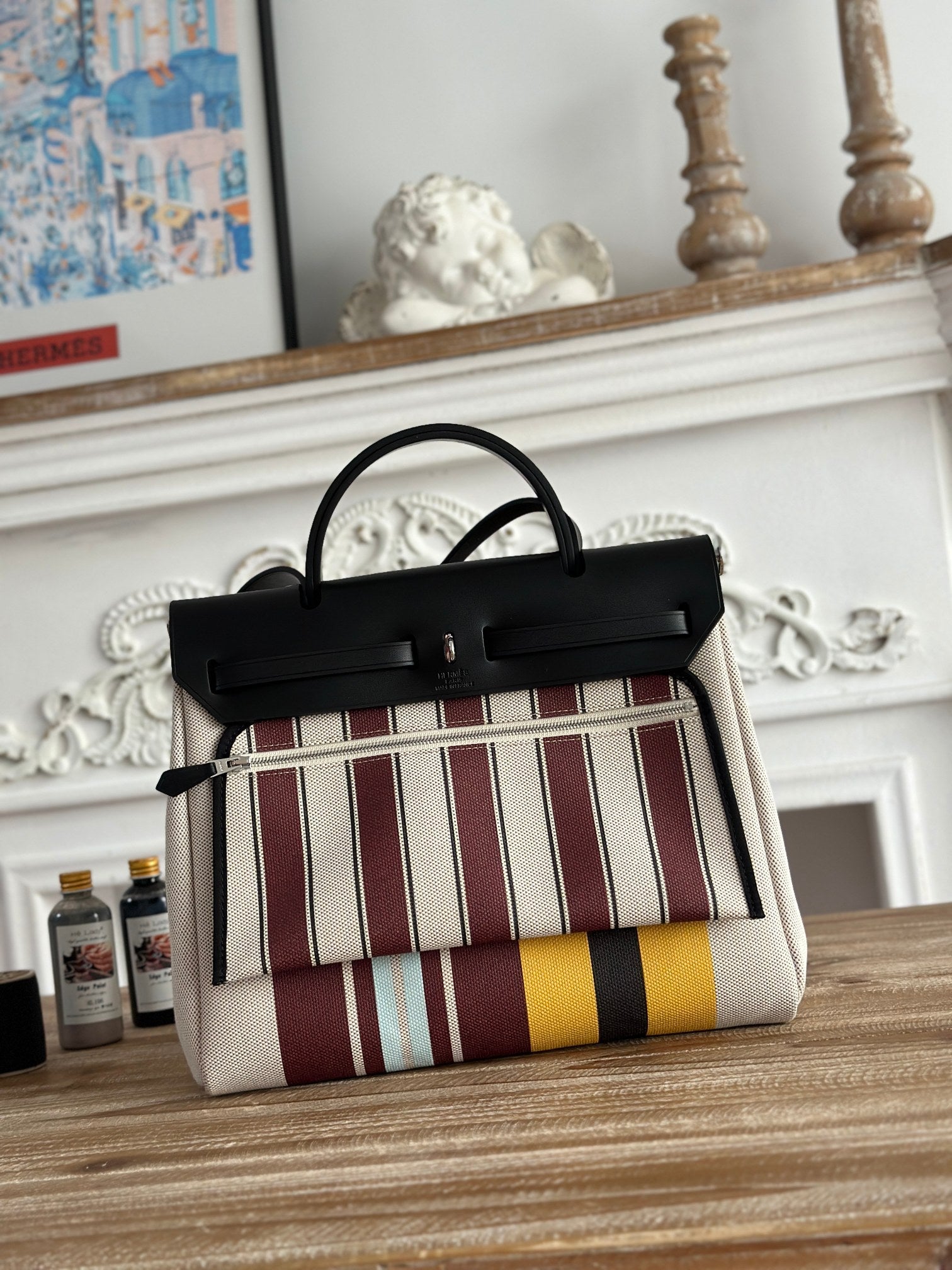 HERMES HERBAG ZIP 31 LAQUERED BAG IN BROWN MIX YELLOW H PLUME CANVAS