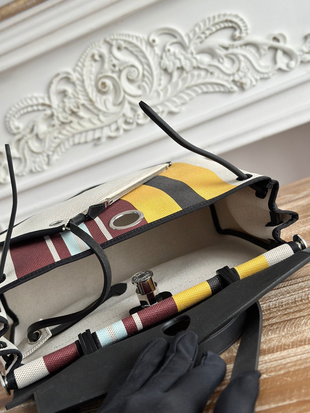 HERMES HERBAG ZIP 31 LAQUERED BAG IN BROWN MIX YELLOW H PLUME CANVAS