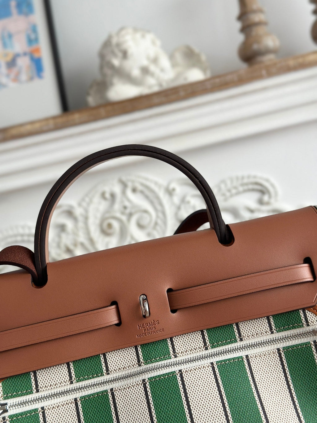 HERMES HERBAG ZIP 31 LAQUERED BAG IN GREEN MIX BLUE H PLUME CANVAS