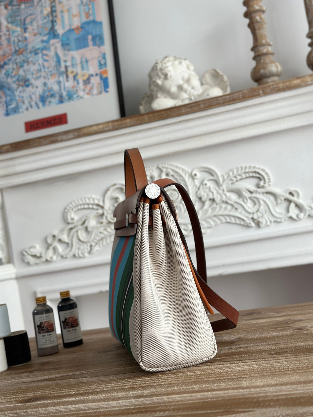HERMES HERBAG ZIP 31 LAQUERED BAG IN GREEN MIX BLUE H PLUME CANVAS