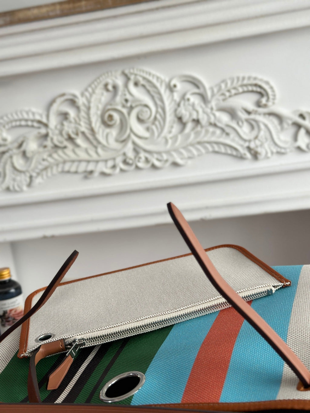 HERMES HERBAG ZIP 31 LAQUERED BAG IN GREEN MIX BLUE H PLUME CANVAS