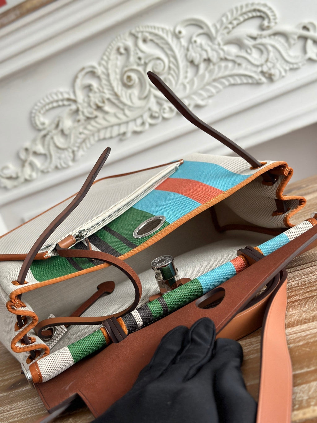 HERMES HERBAG ZIP 31 LAQUERED BAG IN GREEN MIX BLUE H PLUME CANVAS