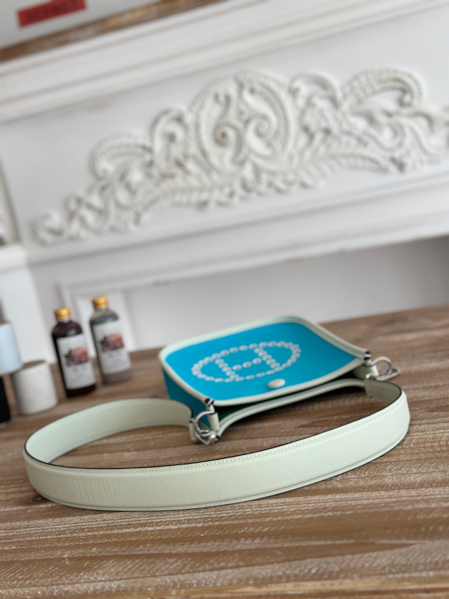 HERMES MINI NEO 17 EVELYNE BAG IN SKY BLUE CANVAS AND WHITE CALFSKIN