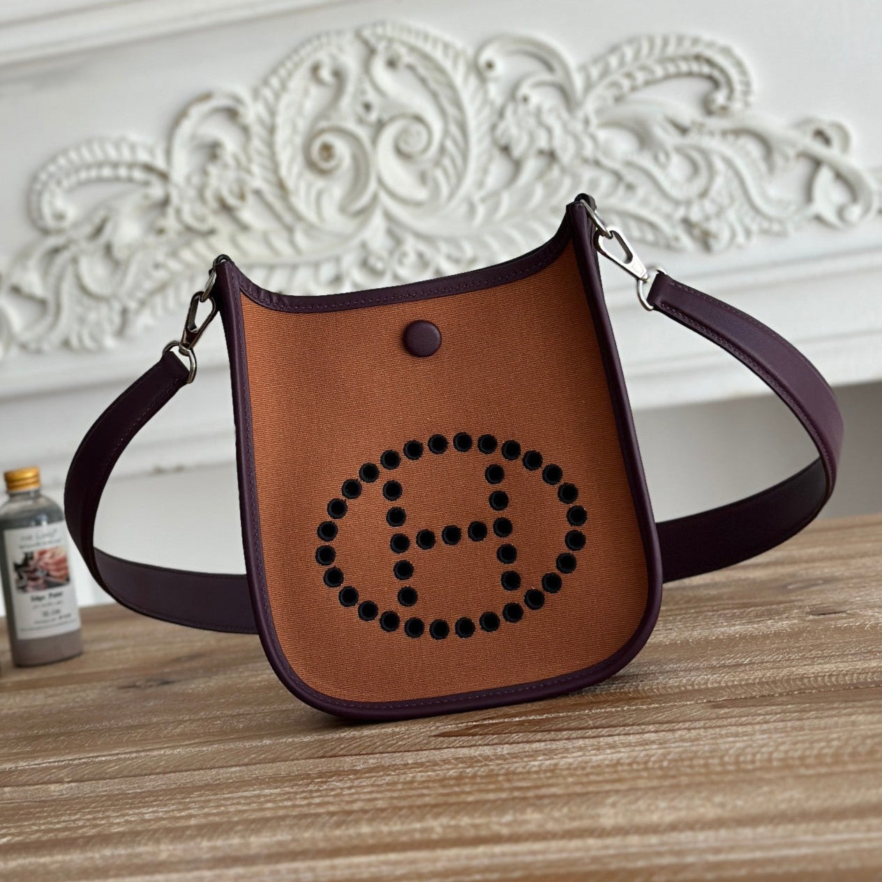 HERMES MINI NEO 17 EVELYNE BAG IN BRONZE BROWN CANVAS AND PLUM PURPLE CALFSKIN
