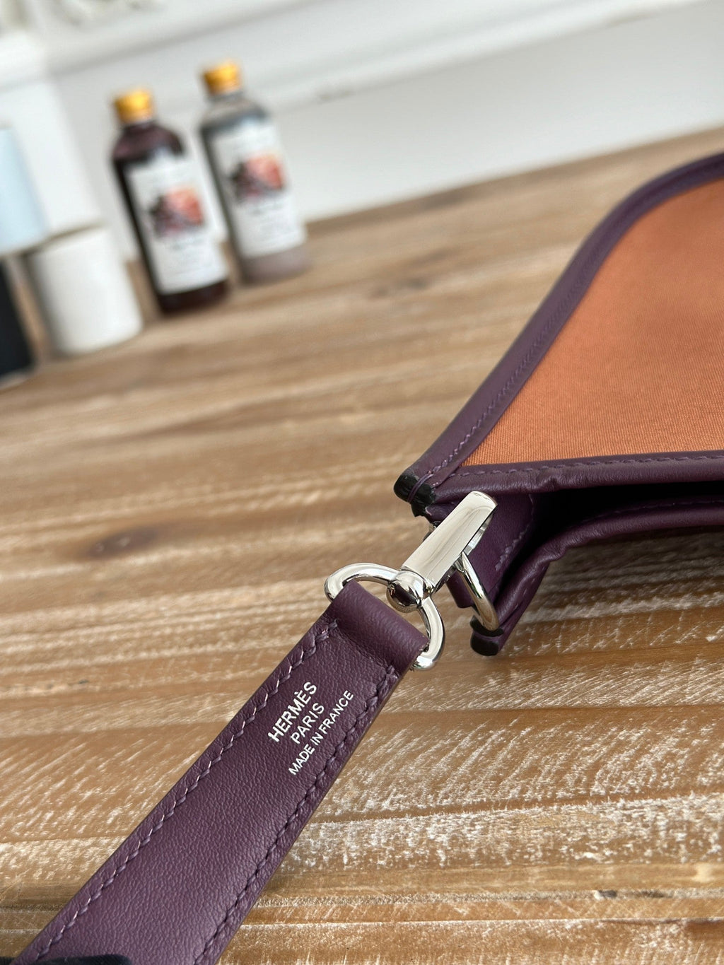 HERMES MINI NEO 17 EVELYNE BAG IN BRONZE BROWN CANVAS AND PLUM PURPLE CALFSKIN